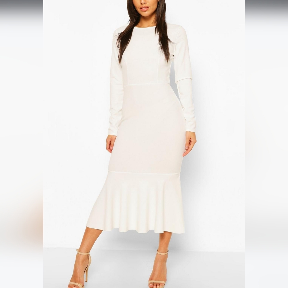 Boohoo White Fishtail Long Sleeve Midaxi Dress NWT